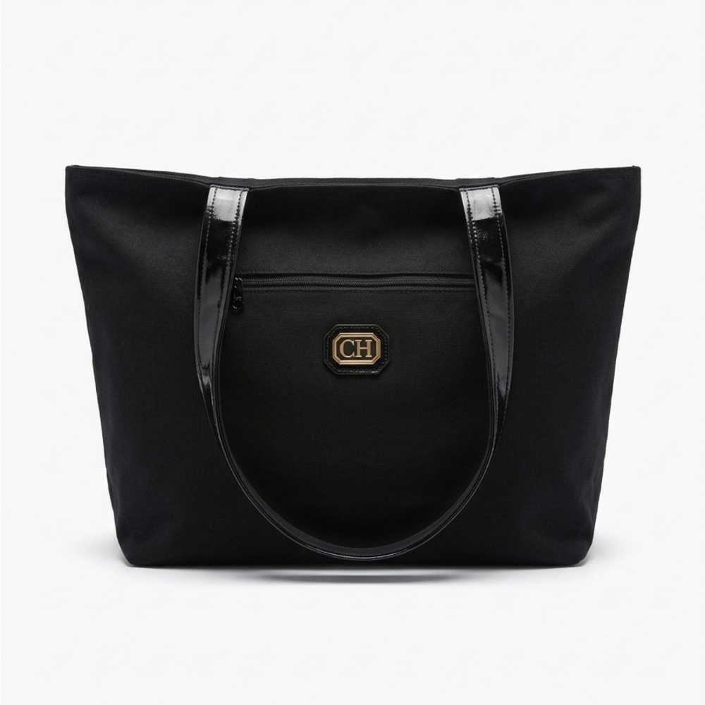 Carolina Herrera Black Canvas Tote - Gold CH Logo & Polka Dot Lining